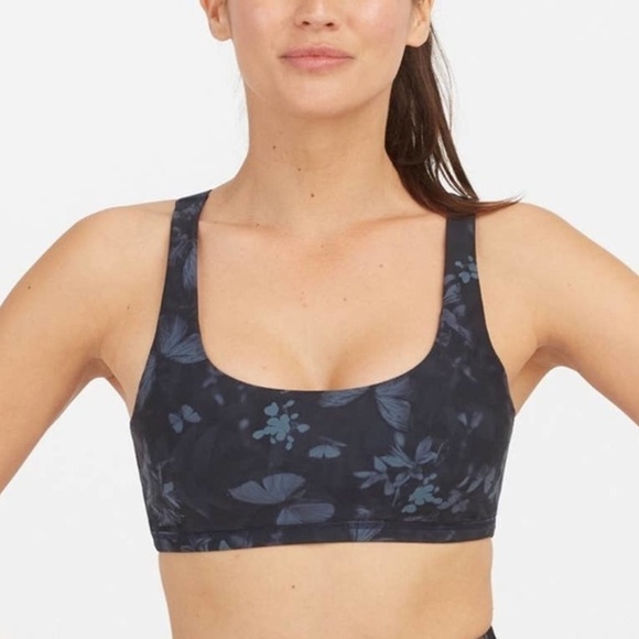 NWT Spanx Printed Low Impact Sports Bra in Midnight Garden Navy - Picture 1 of 6